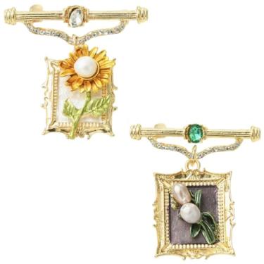 Imagem de UR URLIFEHALL 2 peças de emblemas retangulares esmaltados flor dourada camisa colarinho broche alfinetes de lapela para roupas cachecol chapéus faça você mesmo clipes de artesanato fixadores