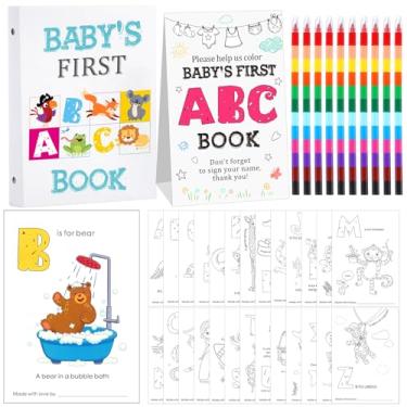 Imagem de Janlaugh Baby's First Abc Book Animal Theme Baby Shower Game Activity com 26 páginas do alfabeto de colorir de A a Z, 10 giz de cera empilhável, 100 clipes de papel, 1 livro de álbum de fotos, 1 placa