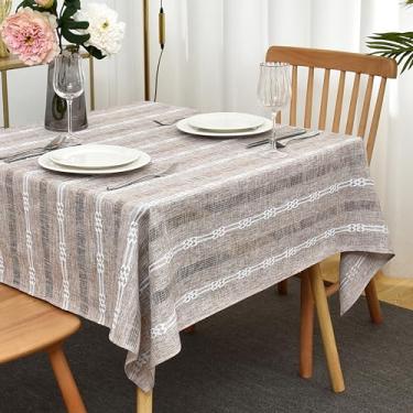 Imagem de Limalred Toalha de mesa quadrada bordada listrada rústica, de linho pesado, resistente a rugas, toalha de mesa para cartões, decoração de banquetes, cozinha, festa, 132 x 132 cm, marrom