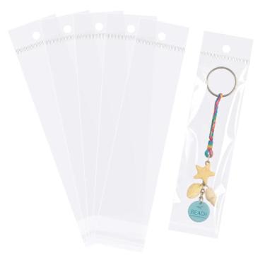 Imagem de Morepack Sacos autoadesivos de celofane com orifício para pendurar, 5 x 17 cm, 100 unidades de sacos de celofane transparentes e resseláveis com cabeçote suspenso para colar de joias