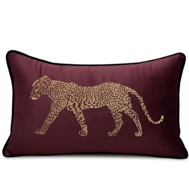 Imagem de vctops Capas de almofada decorativas de veludo macio bordado lombar estampa leopardo capa de almofada para sofá quarto (vinho, 30,5 x 50,8 cm)