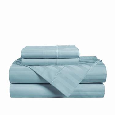Imagem de Casa Platino Jogo de lençóis 100% algodão egípcio tamanho GG - 4 peças - listras damasco - 1000 fios - conjunto de lençóis de cama de cetim ultra suave com bolsos profundos de 38 cm - céu azul
