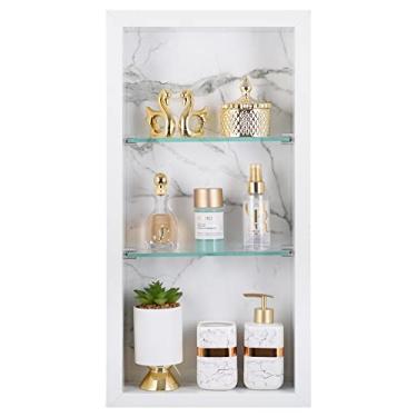 Imagem de Nicho Vertical em Porcelanato Polido (Carrara Gioia) - 2 Prateleiras de Vidro, Borda em Alumínio, 60x30x11 cm, Para Banheiro, Organizador de Produtos de Higiene