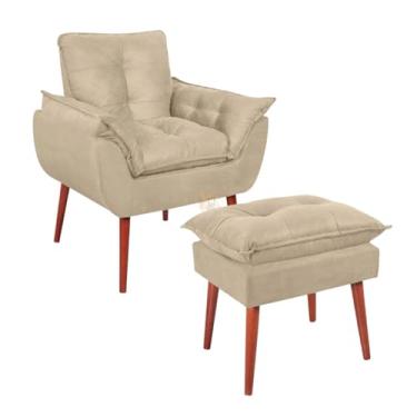 Imagem de Vit Decor Kit Poltrona e Puff Conforto Retrô - Poltrona de Acento Design Curvo com Almofadas Soltas e Puff Quadrado Capitonê Pés Palito de Madeira para Sala de Estar, Leitura e Quarto (Bege)