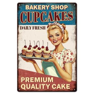 Imagem de GLOBLELAND Baking Lady Placa de metal em lata 20 x 30 cm "Cupcakes" pintura vintage placas de estanho cartaz placa para sala de estar quarto cozinha padaria café restaurante casa estúdio café bar