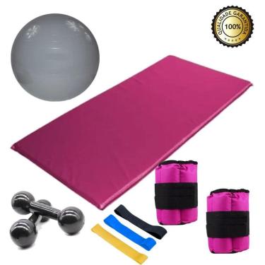 Imagem de Caneleira 2 Kg Rosa + Colchonete Rosa+ Kit Mini Band + Peso