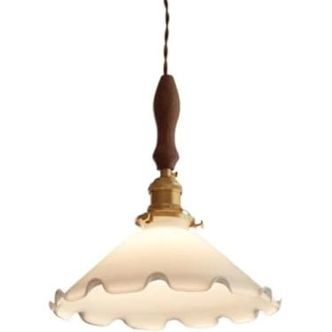 Imagem de Luminária pendente de vidro branco leitoso, estilo fazenda, ilha de cozinha, iluminação pendente moderna de meados do século, flor, grande luminária de teto, lustre nórdico vintage de madeir
