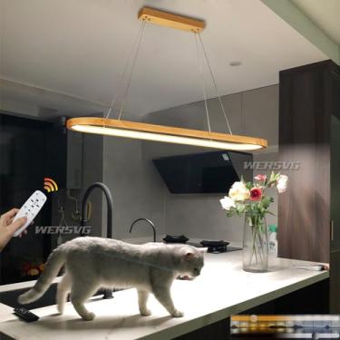 Imagem de Luminária pendente LED para mesa de jantar, luminária de madeira regulável com controle remoto, luminária suspensa de madeira na natureza, 100 cm/120 cm/150 cm, luminária de teto para mesa d