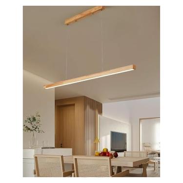Imagem de Luminária Pendente Linear com Controle Remoto, Luminária Pendente LED Mesa de Jantar Madeira Regulável, Luminária Pendente Design Linear Luminária Mesa de Jantar, Lustre para Sala de Jantar