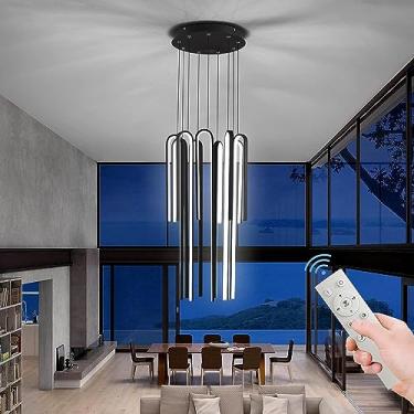 Imagem de Iluminação de lustre de LED moderno, regulável com controle remoto, luz pendente preta, altura ajustável, luminária de teto suspensa, para escada, hall, teto alto, sala de estar