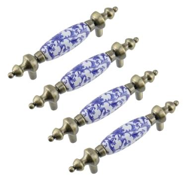 Imagem de MY MIRONEY Puxador de gaveta de porcelana azul e branco com furos de 7,6 cm de centro a centro, puxadores de flores azuis com parafusos, pacote com 4