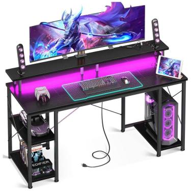 Imagem de Mesa Gamer 55&quot; 138 cm com Superfície de Fibra de Carbono, Luz LED, Tomadas, Prateleiras de Armazenamento e Suporte para Monitor, 110V, ODK