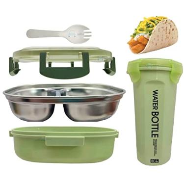 Imagem de FunBlast Lancheira para crianças – Lancheira de aço inoxidável com garrafa de água, caixa Tiffin para crianças, lancheira Bento com compartimentos e garfo – 500 ml (não à prova de vazamento – apenas para alimentos secos) (verde)