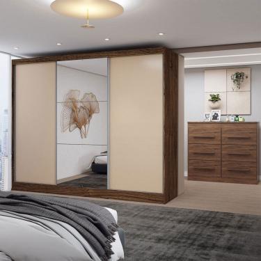 Imagem de Guarda-Roupa Casal Europa 3 Portas 10 Gavetas 100% Mdf com Espelho Castanho/Nude - Panorama Móveis