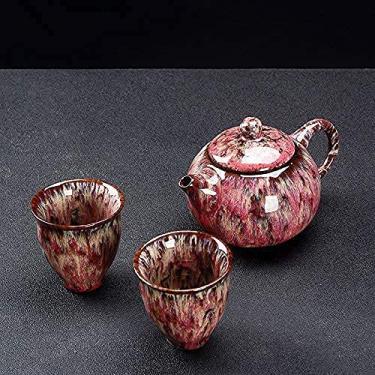 Imagem de Conjunto de chá de chaleira de cerâmica, copo rápido de cerâmica, uma, duas xícaras, duas simples, troca, tianmu, esmalte, estojo de transporte, conjunto de chá de viagem (pintura a óleo vermelha)