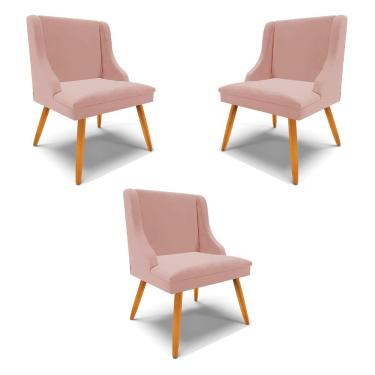 Imagem de Kit 3 Cadeiras Decorativas Sala de Jantar Pés Palito de Madeira Firenze Veludo Rosê/Natural G19 - Gran Belo