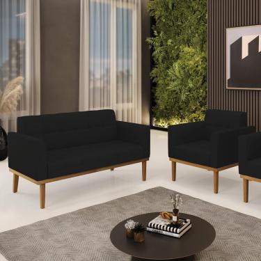 Imagem de Conjunto Poltrona e Namoradeira Decorativas Karen Pés Fixo em Madeira Castanho Linho Preto G19 - Gran Belo