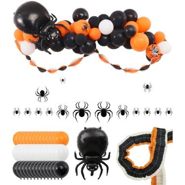 Imagem de Kit de arco de guirlanda de balões de Halloween - decorações de folhas de balões laranja preto, branco e aranha com serpentina de festa, arco de guirlanda para artigos de festa de Halloween Boo