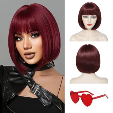 Imagem de LUVEUNI Peruca bob vermelho vinho com franja perucas curtas bordô para mulheres 30,5 cm peruca de cabelo de fibra sintética de cor lisa para uso em cosplay de Halloween