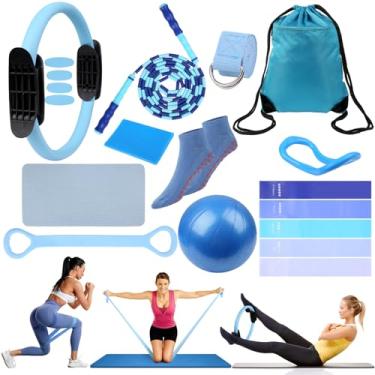 Imagem de plaCredgai Kit de 15 peças essenciais de pilates para mulheres, conjunto de equipamentos de pilates de bola de ioga de 22 cm, com anel de pilates de 30,5 cm, faixas de resistência, yoga e itens