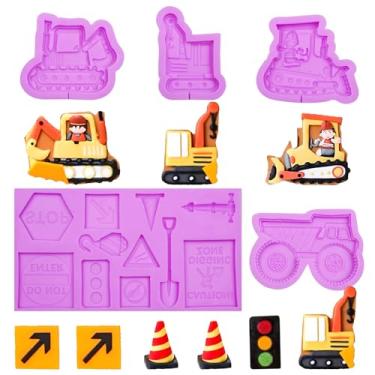 Imagem de Infovox Conjunto de moldes de silicone para veículos de construção, moldes de fundição de resina de escavata, 5 peças com sinais de trânsito, moldes de fondant de escavadeira e designs de caminhão