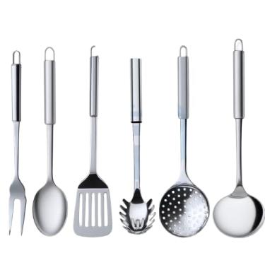 Imagem de Kit 6 Utensílios para Cozinha em Aço Inox, Concha 32cm, Colher de Arroz 29cm, Escumadeira 33cm, Espátula Vazada 30cm, Pegador de Massa 32cm, Garfo Trinchante 33cm