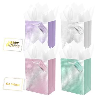 Imagem de Linda bolsa de presente com alça de papel de seda para mulheres e homens, bolsa de aniversário de aniversário (rosa, branco, roxo, azul) pacote com 4 23 cm