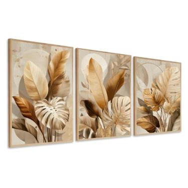 Imagem de Quadros Decorativos Folhas Modernas Tons Bege Sala Moldura (Moldura Bege, 60x80, Sem Vidro)