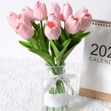 Imagem de 10 elegantes flores artificiais de tulipa rosa com folhas verdes escuras