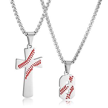 Imagem de Colar de beisebol masculino com pingente de número de beisebol de aço inoxidável e conjunto de corrente de número, I CAN DO ALL THINGS Strength, versículo bíblico, cruz, joia esportiva, 2 peças, Aço