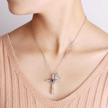 Imagem de Colar de cruz de coração religioso para mulheres - Colar com pingente de cruz de zircônia cúbica I Love You em 100 idiomas com pingente de coração e semente de mostarda para presente inspirador de