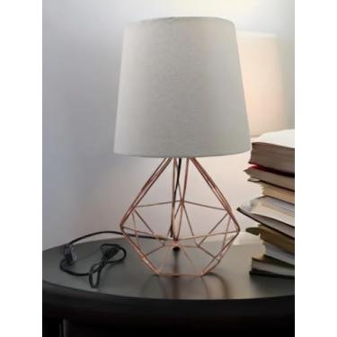 Imagem de Abajur Luminária Mesa Base Diamante Aramado Cúpula Tecido Escritório Quarto Kit Com 2 (ROSE GOLD/BRANCO)