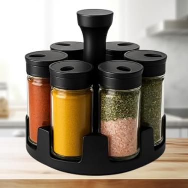 Imagem de Porta Temperos Giratório 360° com 6 Potes de Vidro Premium de Vidro 85ml - Tampa Dosadora Preta Belovidro - PANAMI