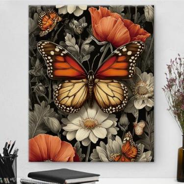Imagem de Arte de parede em tela floral borboleta escura Academia impressão artística vintage pintura estética para sala de estar quarto decoração de parede 20 x 25 cm