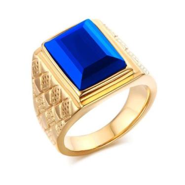 Imagem de Anel Masculino Azul Homem Banhado Ouro 18k Pedra Zafira Comendador Rob