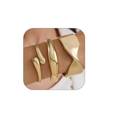 Imagem de Pulseiras grossas de ouro empilháveis empilháveis para mulheres, conjunto de pulseiras empilháveis largas banhadas a ouro 14 k na moda joias presentes, Medium, liga de zinco-ferro, Sem Pedra Preciosa