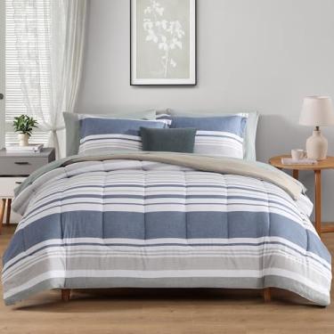 Imagem de Monbix Conjunto de edredom King Size – 7 peças, cama em uma bolsa, conjunto de cama king com listras azuis oceânicas, conjunto de cama alternativo para todas as estações, com lençóis, fronhas e