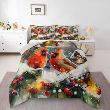 Imagem de Erosebridal Jogo de cama king size com decoração de Natal, 3 peças, para crianças, meninas, adolescentes, mulheres, cardeais, pássaros, edredom rústico