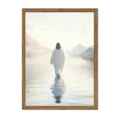 Imagem de Jesus Walking on Water Wall Art White Jesus Wall Decor Christian Faith Painting 3D texturizado desenhado à mão arte de arenito para sala de oração quarto 40 x 61 cm moldura de madeira