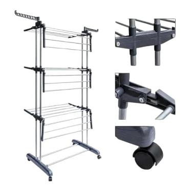 Imagem de Varal de Chão 3 Andares Dobrável com Rodas – Multi Varal Portátil de Aço e ABS, Regulável, Antiferrugem, Suporta até 48kg e 100 Peças de Roupa Cor Preto