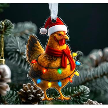 Imagem de KiKi9xDesigns Enfeite de galinha de Natal - Decoração de Natal em acrílico - Chapéu de Papai Noel com galinha - Design engraçado de fazenda - Presente para amantes de frango