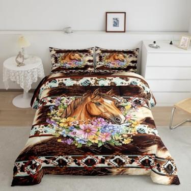 Imagem de Feelyou Conjunto de edredom de cavalo tribal asteca ocidental com 2 fronhas, boêmio, rústico, casa de fazenda, roupa de cama queen exótica, geométrico, estampa de couro bovino e pele retrô