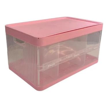 Imagem de Caixa Organizadora 21 Litros com Tampa e 2 Divisórias Removíveis – Empilhável, Transparente com Tampa Rosa – Plástico PP Resistente para Armário, Quarto ou Escritório (Rosa)