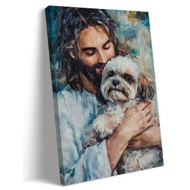 Imagem de Anypicrt Arte de parede Jesus Cristo emoldurada Jesus Hugs Shih Tzu Dog Poster tela cristã decoração de parede impressão religiosa para arte de escritório
