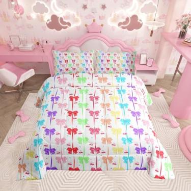 Imagem de Feelyou Jogo de cama com laço colorido, tamanho Queen, fofo, com laço, para princesas, meninas, edredom e edredom