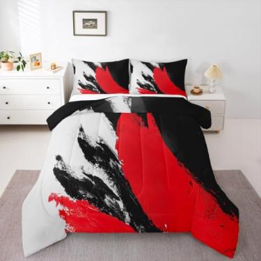 Imagem de Feelyou Conjunto de cama abstrato vermelho macio para meninos e meninas, conjunto de edredom geométrico, tamanho Queen, preto e branco, microfibra geométrica, decoração de quarto, 3 peças com 2
