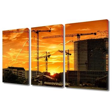 Imagem de TUMOVO Arte de parede silhueta guindaste ao anoitecer em um canteiro de obras pôsteres e impressões 3 peças pinturas em tela impressões de arte decoração de parede sala de estar moderna decoração de