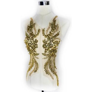 Imagem de Labellezalady Aplique de strass com contas douradas para vestidos de formatura, aplique de Bcodice grande, enfeite de vestido de noiva brilhante (63 x 19 cm) por par (2 peças)