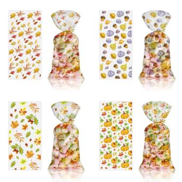Imagem de XVYLFZNP 100 unidades de sacos de guloseimas de Ação de Graças com laços dourados de celofane outono folha de bordo abóbora bolota plástico doces biscoitos sacos para suprimentos de festa de colheita