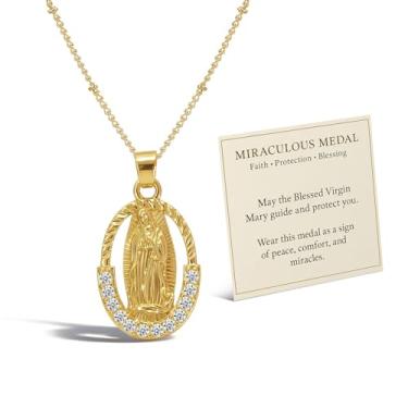 Imagem de Aonklot Colar de medalha milagrosa de ouro com pingente virgem de strass, joias religiosas católicas, meias de Natal, Large, Sem Pedra Preciosa